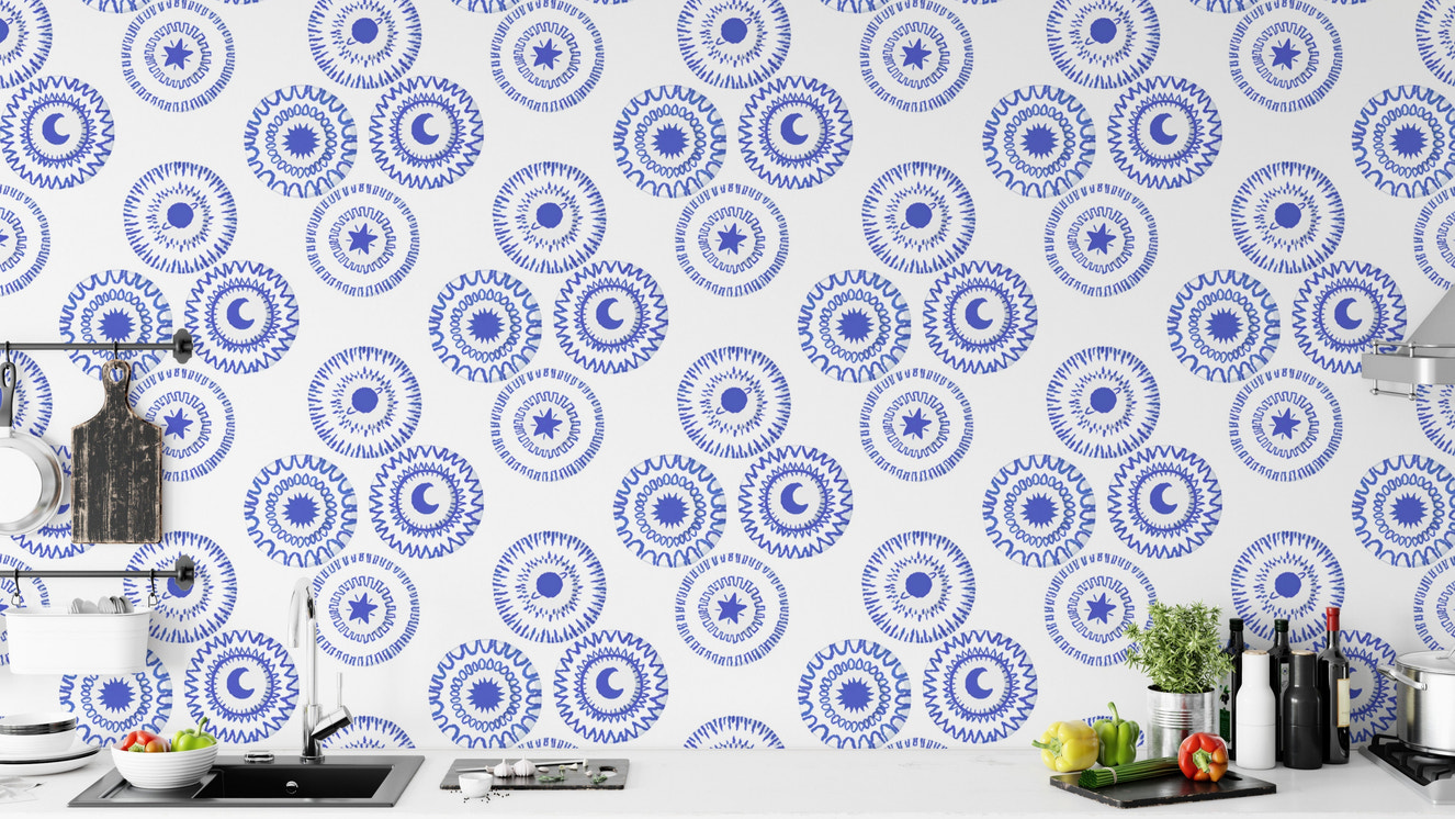 Whimsical porcelain blue wallpaper for a playful yet refined touch.
