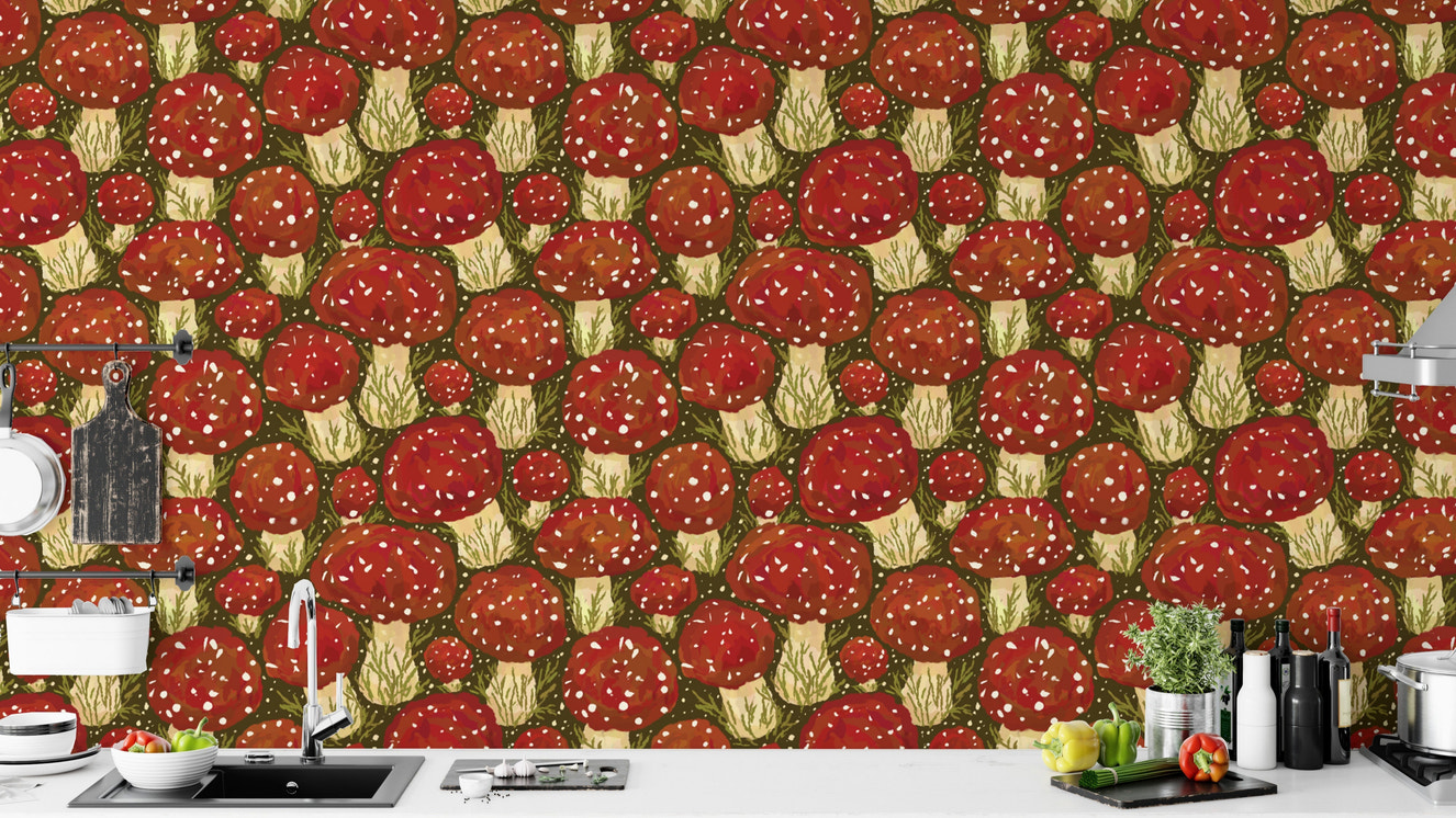 Vibrant red mushroom meadow wallpaper for a lively, nature-inspired vibe.
