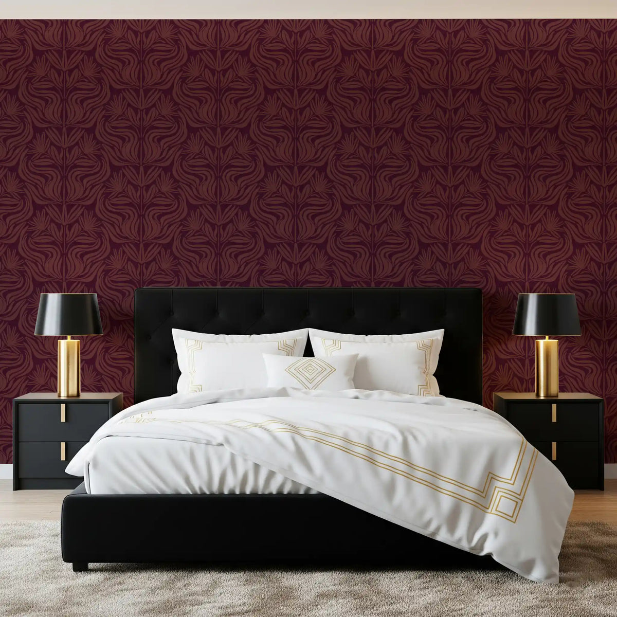 Deep Burgundy Damask Floral Pattern Wallpaper⁠