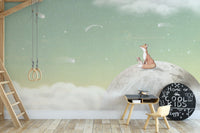 Fox on the moon green wallpaper for kids rooms