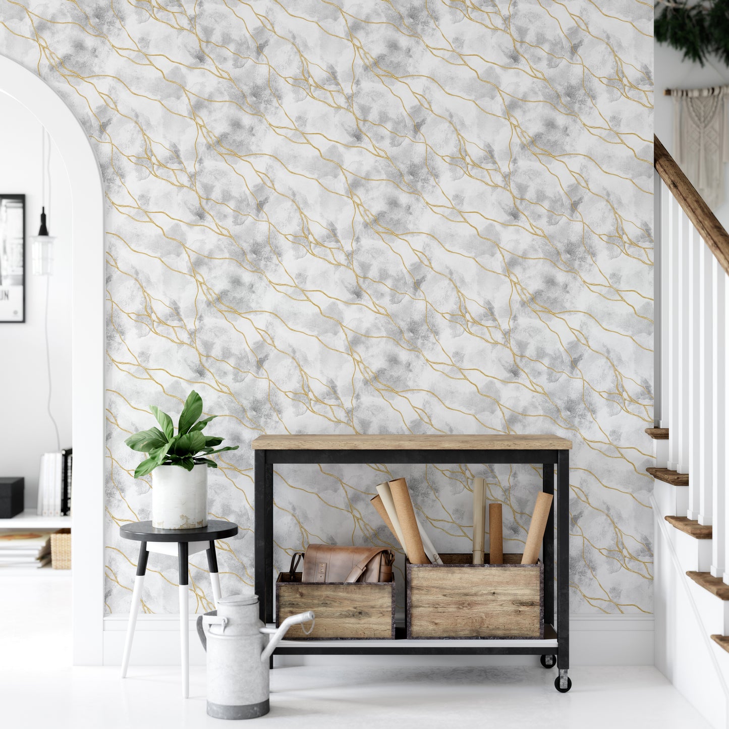 Abstract marble design with gold lines

