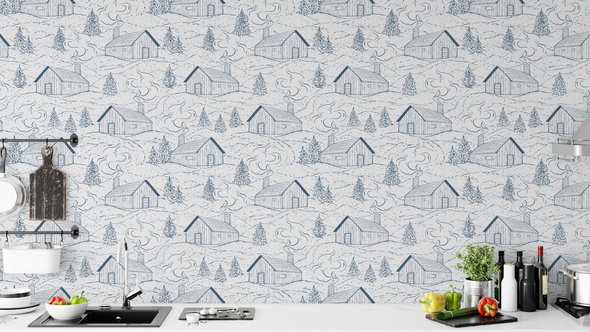 Whimsical smokey cabins wallpaper in blue for playful, cozy rooms.
