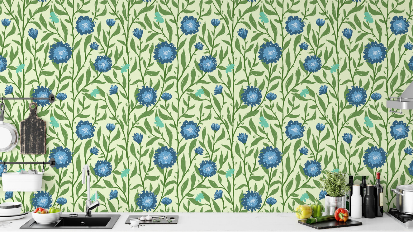 Whimsical spring trellis wallpaper in light blue for playful charm.
