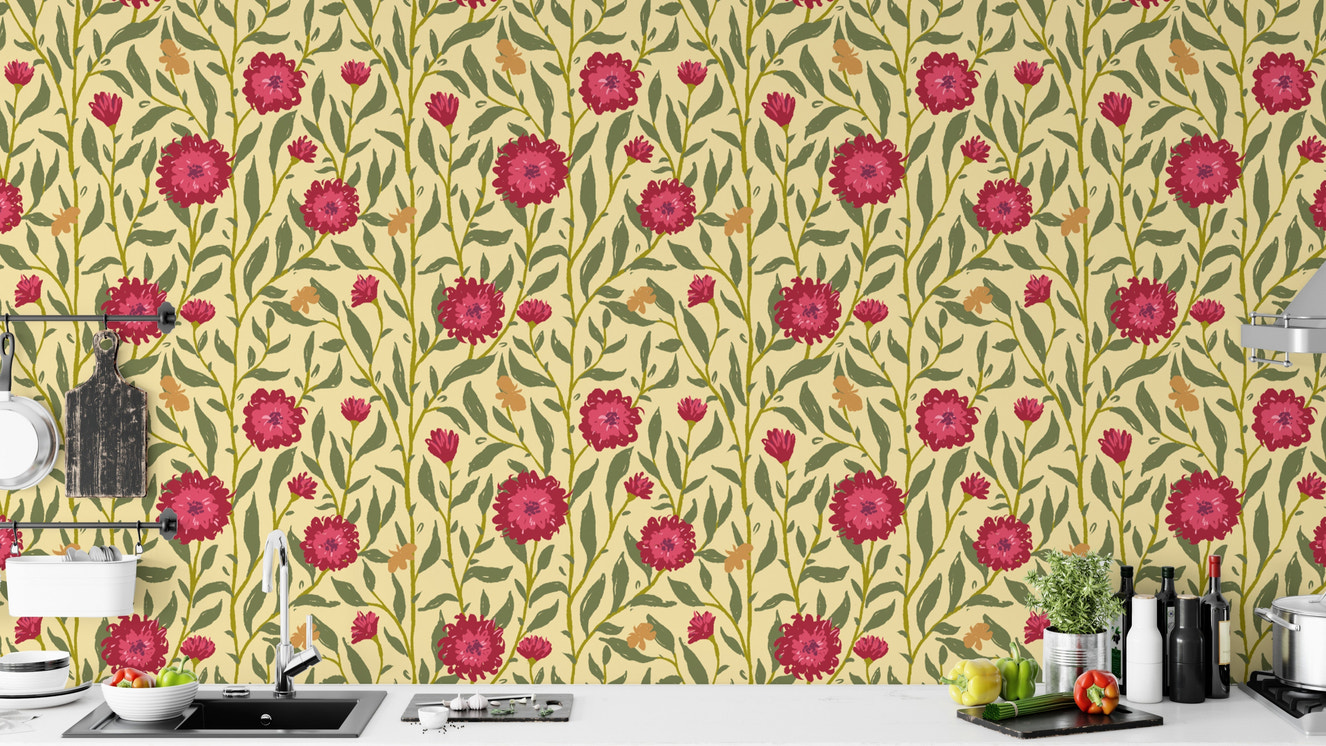 Whimsical light magenta trellis wallpaper for playful and cozy interiors.
