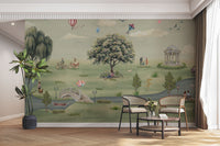 Illustrated park scene with tree and swing

