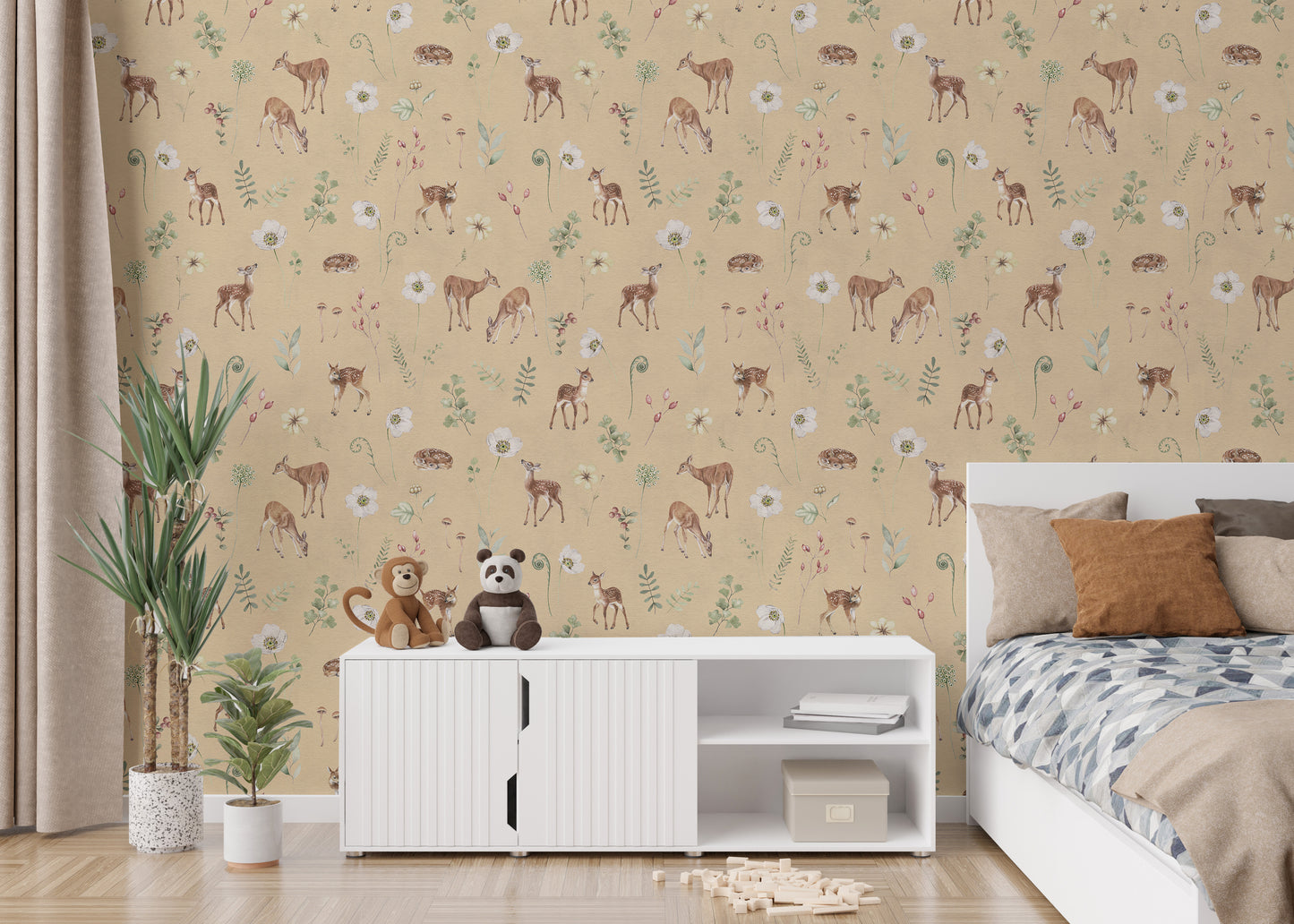 Neutral forest wallpaper with deer print
