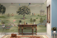 Vintage park mural with people and gazebo

