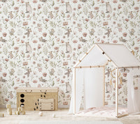 Soft pastel floral wallpaper with mice
