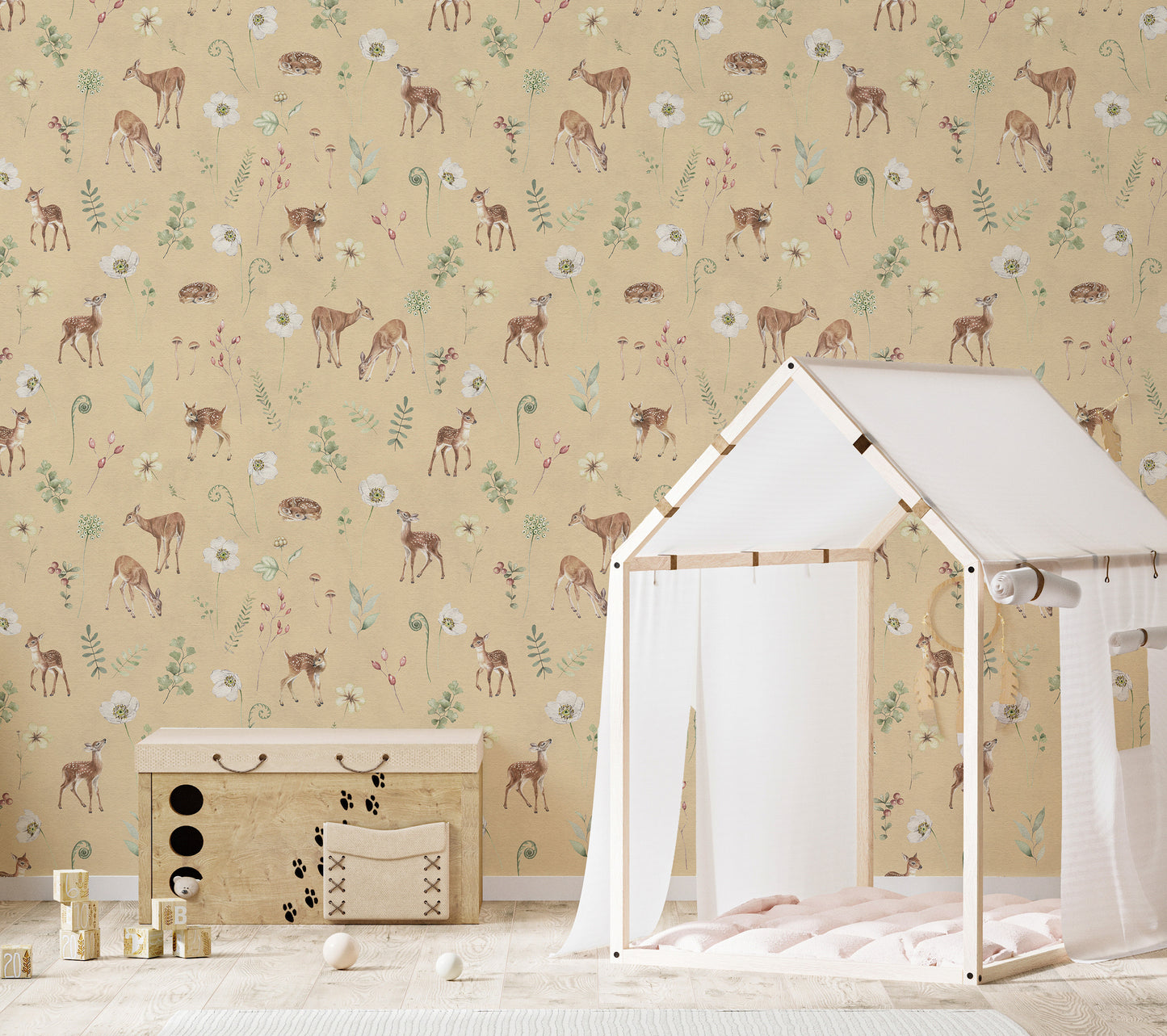 Soft beige forest animal wallpaper mural
