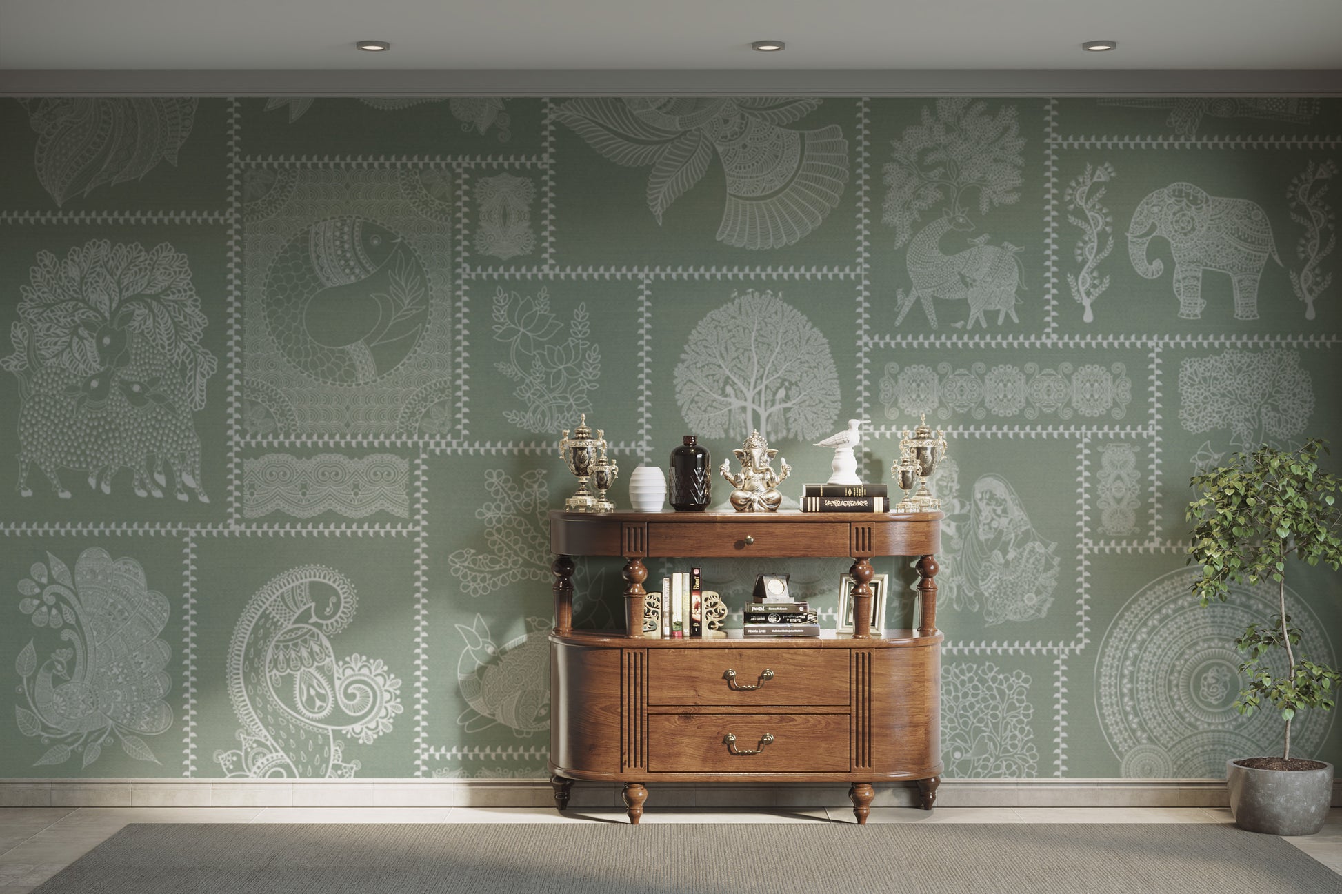 Warli fusion design on sage backdrop

