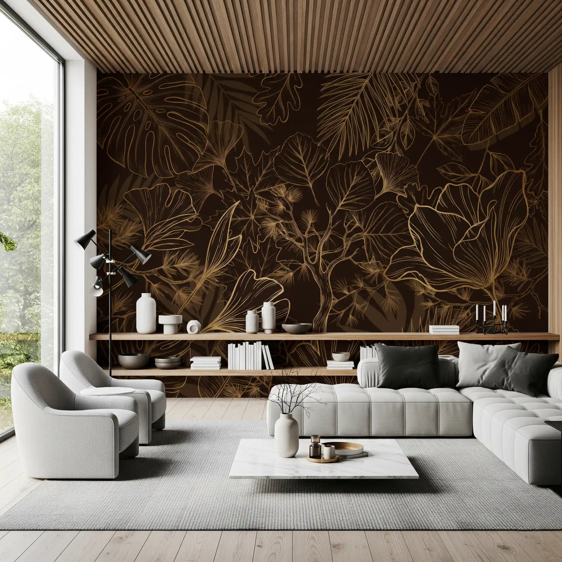 Golden Botanical Foliage Wall Mural