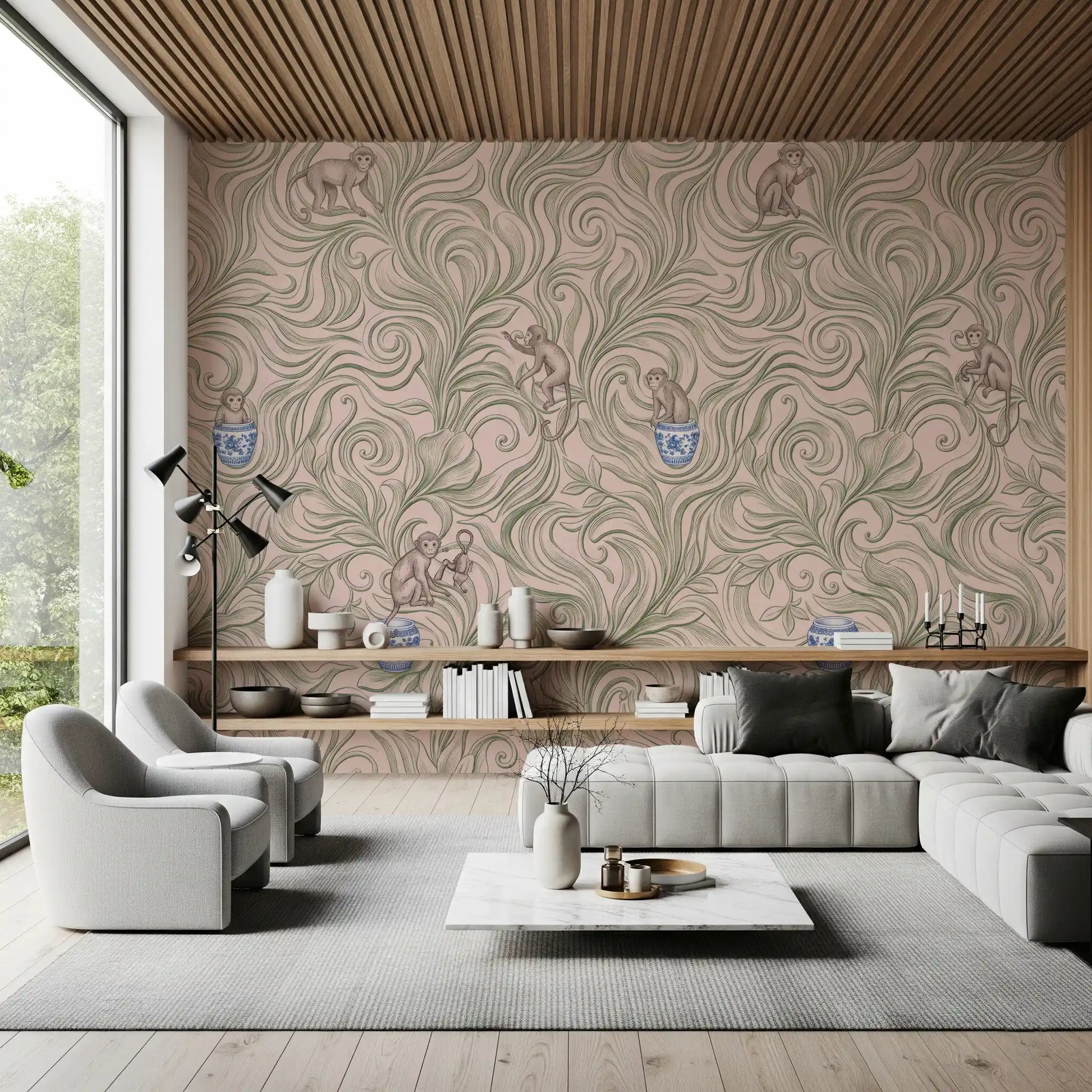 Playful Monkeys in Porcelain Vases Wall Mural
