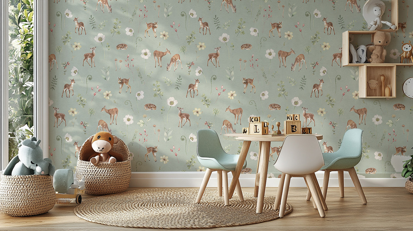Deer and wildflowers wallpaper in green

