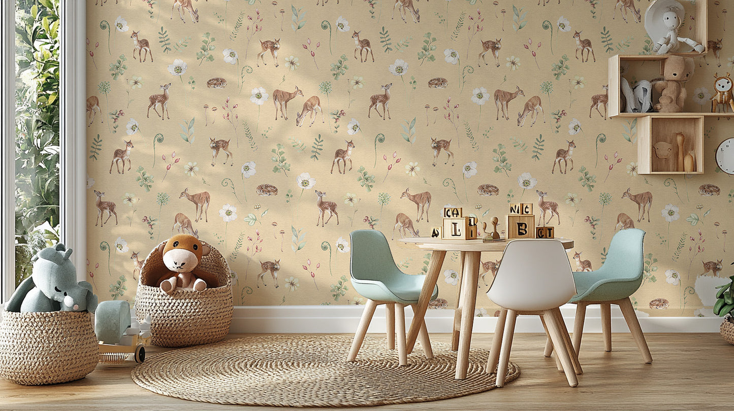 Beige woodland deer wallpaper mural
