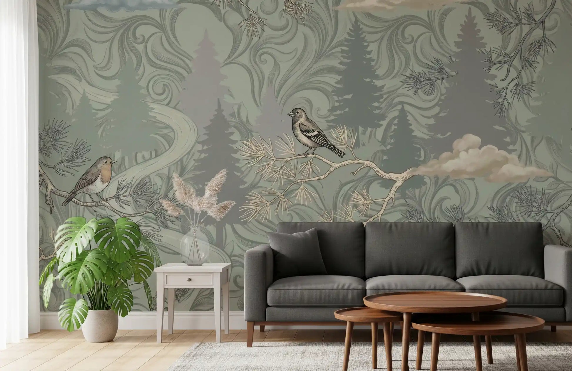 Misty Pine Forest Aviary Wall Mural