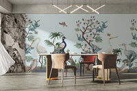 Peacock bird chinoiserie wallpaper with flowers
