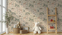 Elegant beige wildlife mural with foliage
