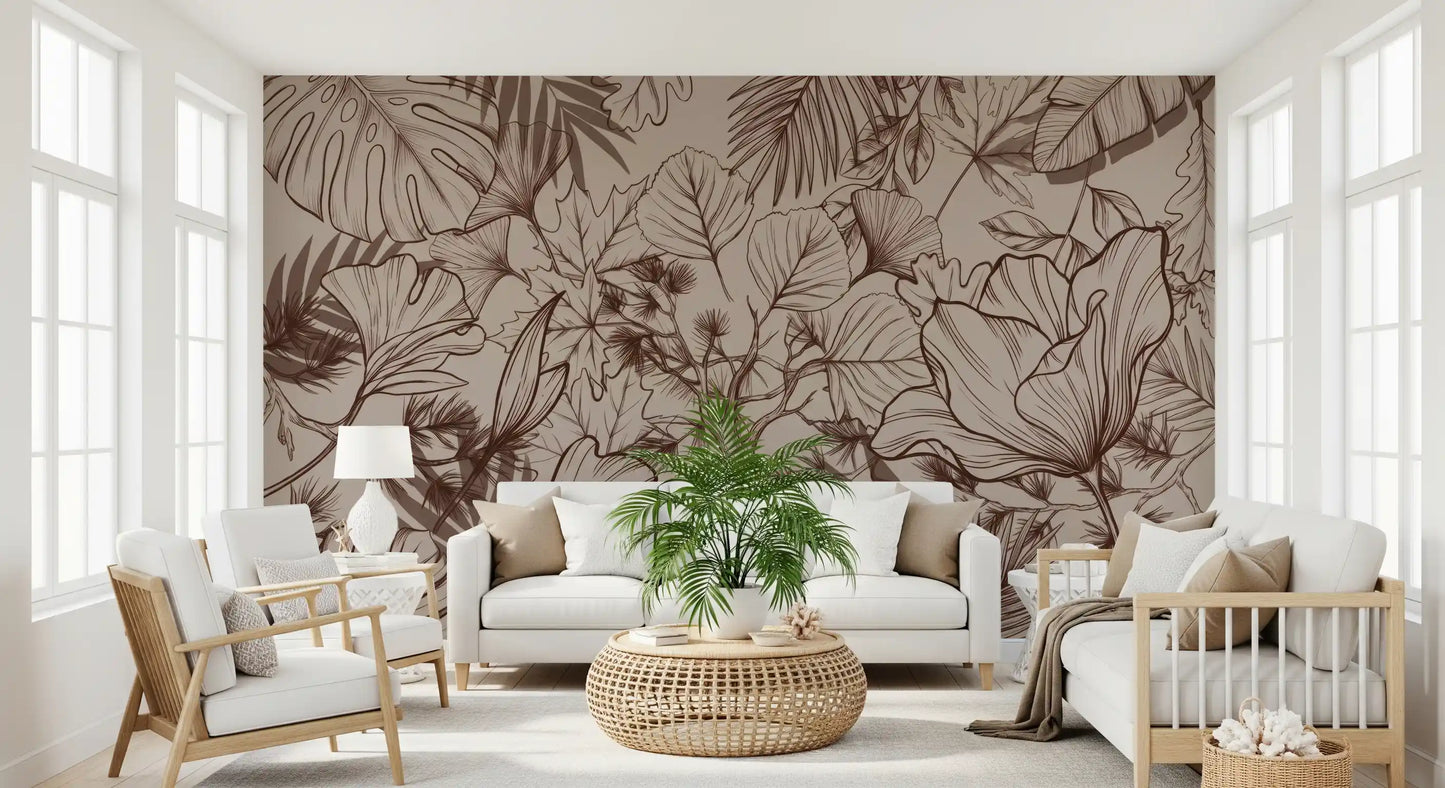 Monochromatic Botanical Line Art Wall Mural