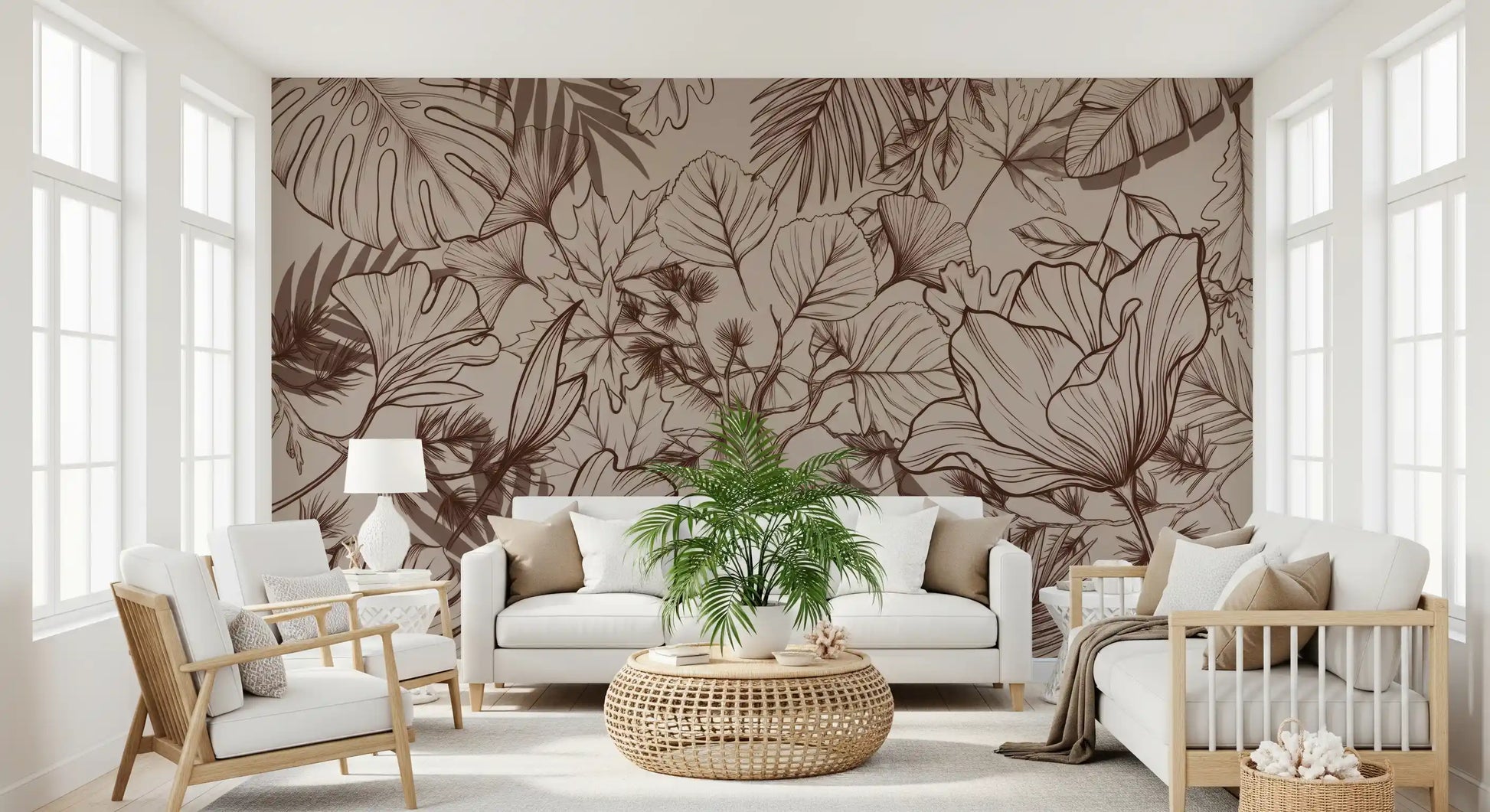 Monochromatic Botanical Line Art Wall Mural