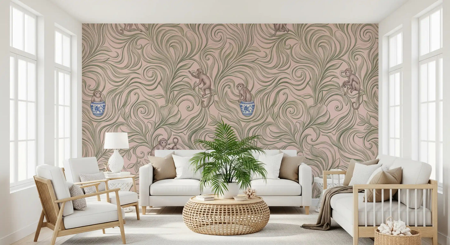 Playful Monkeys in Porcelain Vases Wall Mural