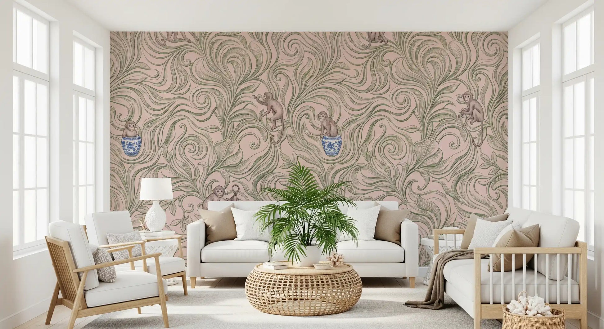 Playful Monkeys in Porcelain Vases Wall Mural