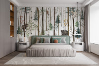 Fox & Bear in Snow Forest Wallpaper Mural - Giffywalls