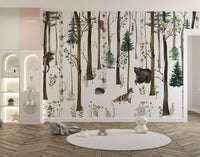 Snow forest mural with fox and bear design
