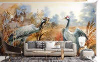 Autumn landscape & crane birds watercolor wallpaper - Giffywalls