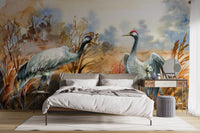 Watercolor autumn scene with crane birds wallpaper