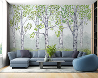 Green watercolor wood wallpaper mural for children's rooms
