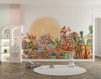 Cute kids’ wallpaper featuring a happy town
