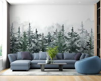 Misty Pine Winter Forest Wallpaper Mural - Giffywalls