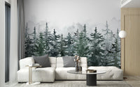 Misty Pine Winter Forest Wallpaper Mural - Giffywalls