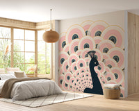 Stylish peacock wallpaper in soft pink tones