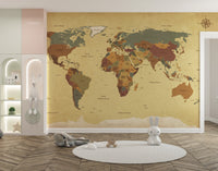 Classic world map wallpaper mural with retro vibes