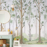 Nature-inspired forest green watercolor wallpaper for rooms