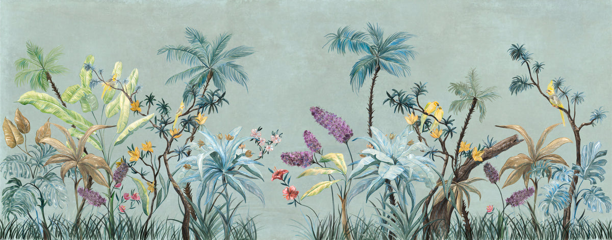 Green background Boho Flowers Wallpaper Murals in your room — zoomed