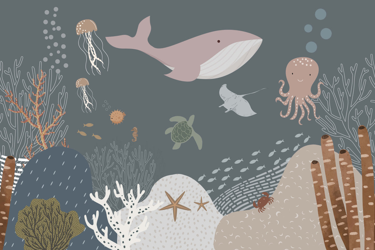 Underwater Sea Creatures Kids Room Wallpaper in your room — zoomed