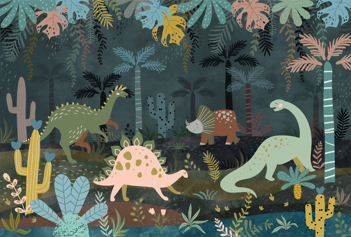 Dino World Night Adventure Wallpaper Mural in your room — zoomed