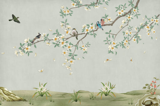Birds on Branch Green Color Wallpaper Mural