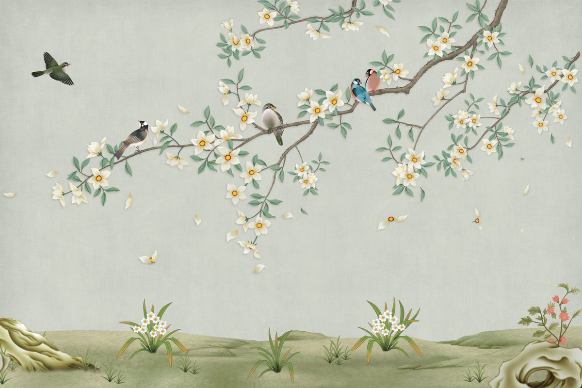 Birds on Branch Green Color Wallpaper Mural