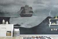 Dark Watercolor Whale design with Ship Wallpaper Murals - Giffywalls