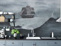 Bold watercolor whale mural for rooms
