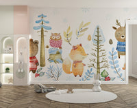 Kids room winter forest wallpaper with watercolor animals.