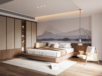 Hand-painted mountain scenery wallpaper in gray tones.