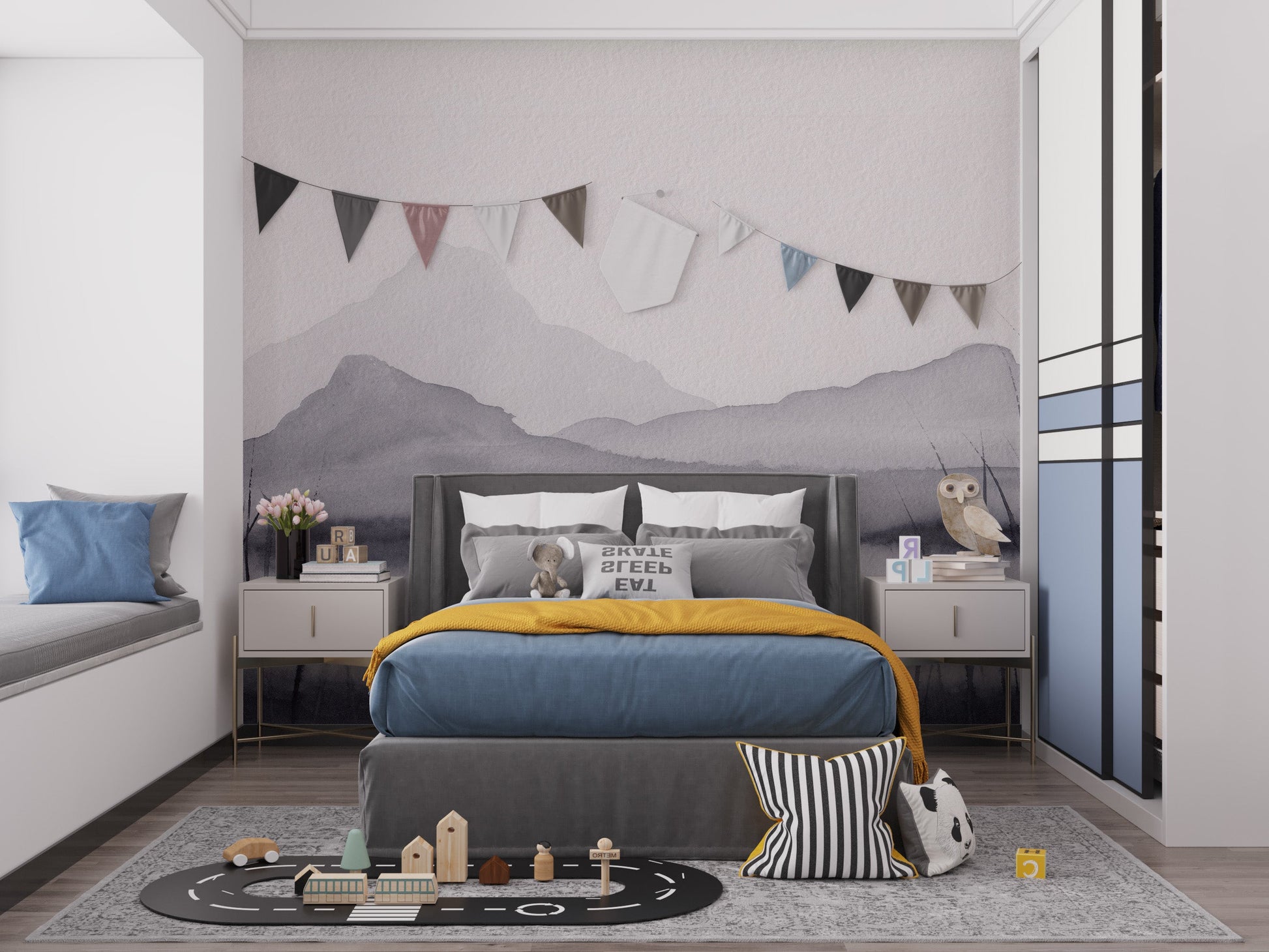 Watercolor mountain scenery wallpaper for calming interiors.