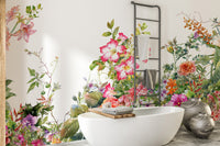 Bright watercolor leaves mural with delicate flowers.