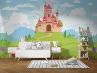 Dreamy castle wallpaper with vibrant flowers and hills.