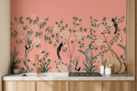 Hand-painted chinoiserie floral wallpaper in pastel colors.