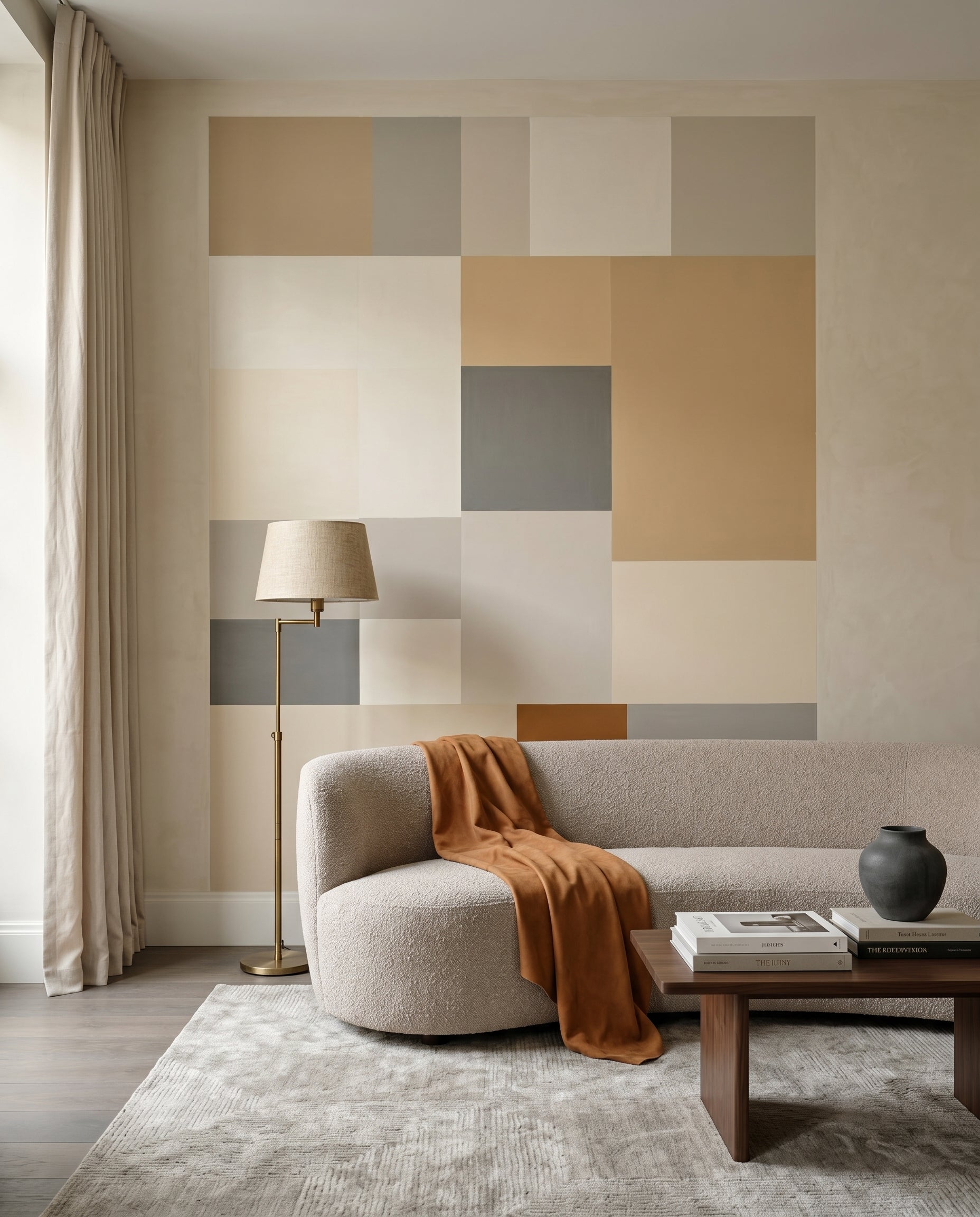 Muted patchwork mural with warm ochre and cool grey rectangular sections, GD10350